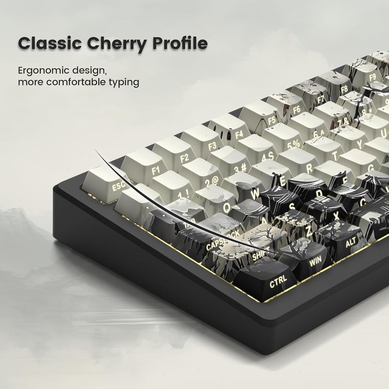 COSTOM Womier PBT Keycaps Set 130 Keys, Custom White Japanese Keyboard Doubleshot Dye Sub Side Print Shine Through Keycaps 60 65 75 100 Percent, Cherry Profile (Ink Painting) - Image 4